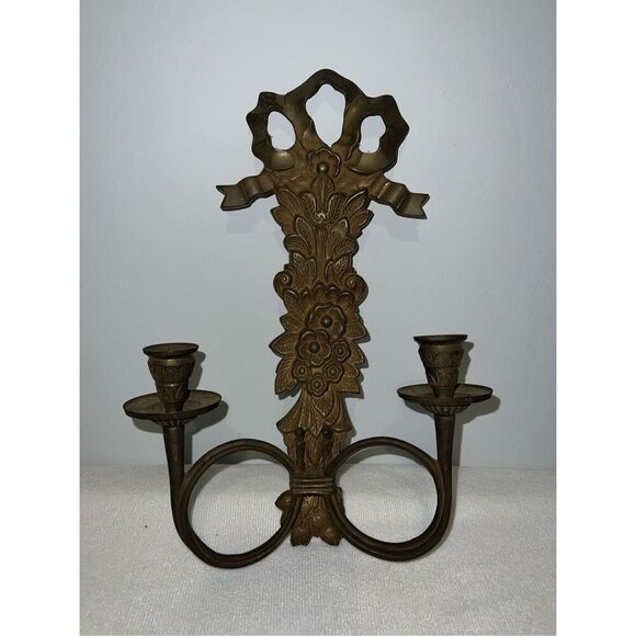 Vintage Brass Wall 2 Taper Candle Holder Sconce Gothic Victorian - Picture 6 of 8